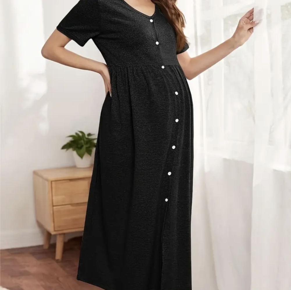 Women's Maternity Solid Button Up Nightdress Maxi Dress